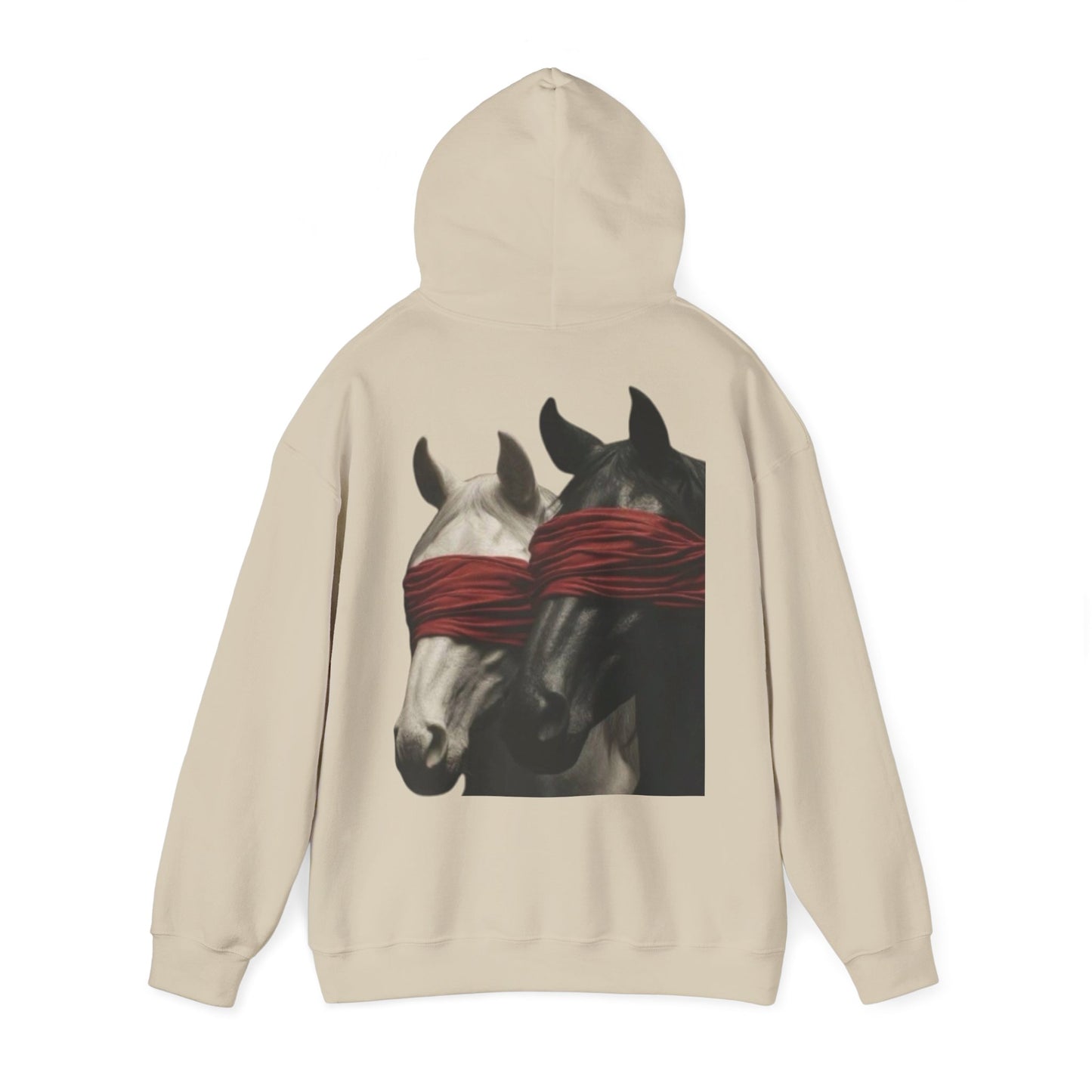 Horse Art Hoodie — Blindfolded Horses Graphic Pullover | Winter Drop