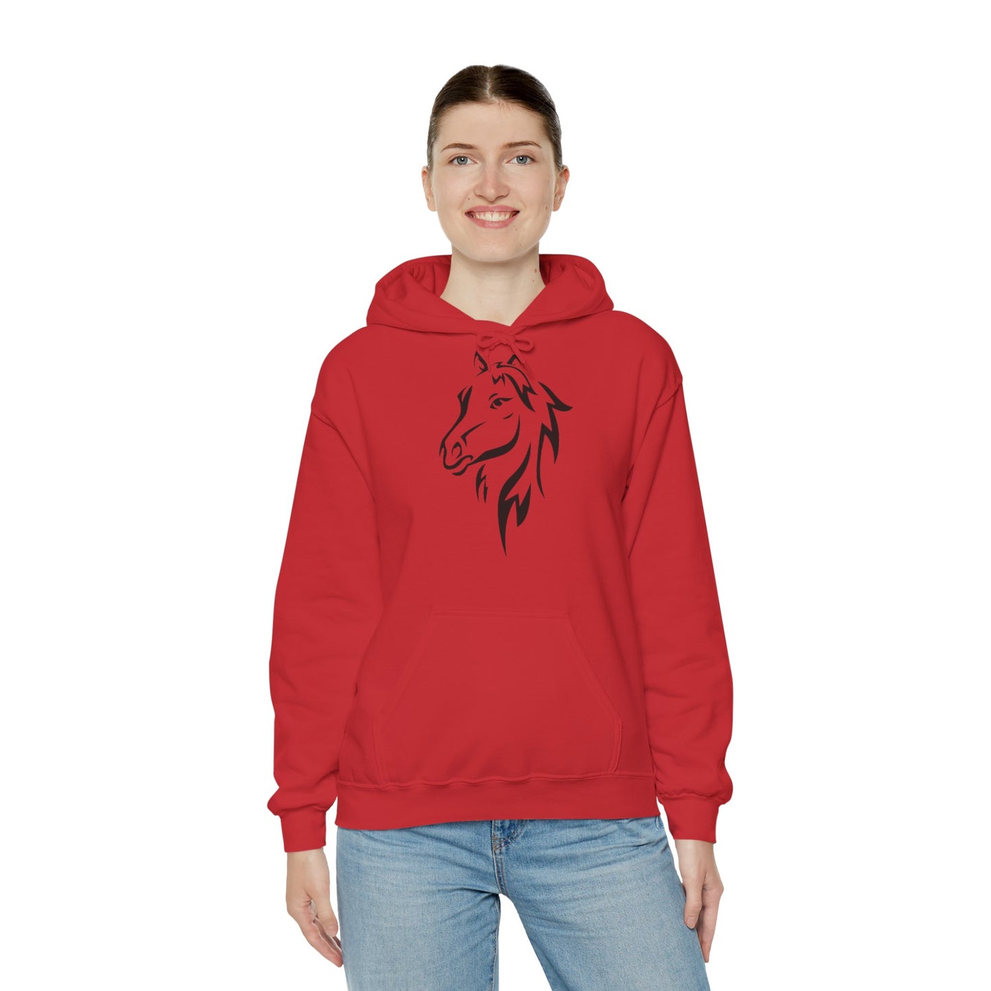 Horse & Sports Car Hoodie — Minimal Horse Head Front | Horse on Red Car Back | Winter Drop