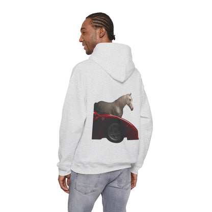 Horse & Sports Car Hoodie — Minimal Horse Head Front | Horse on Red Car Back | Winter Drop