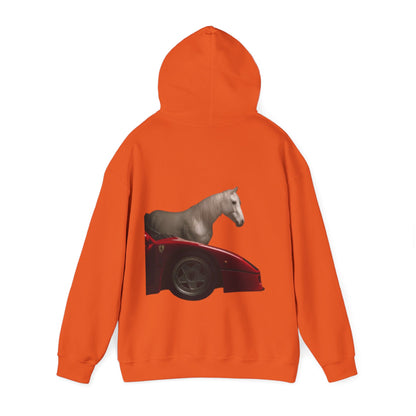 Horse & Sports Car Hoodie — Minimal Horse Head Front | Horse on Red Car Back | Winter Drop