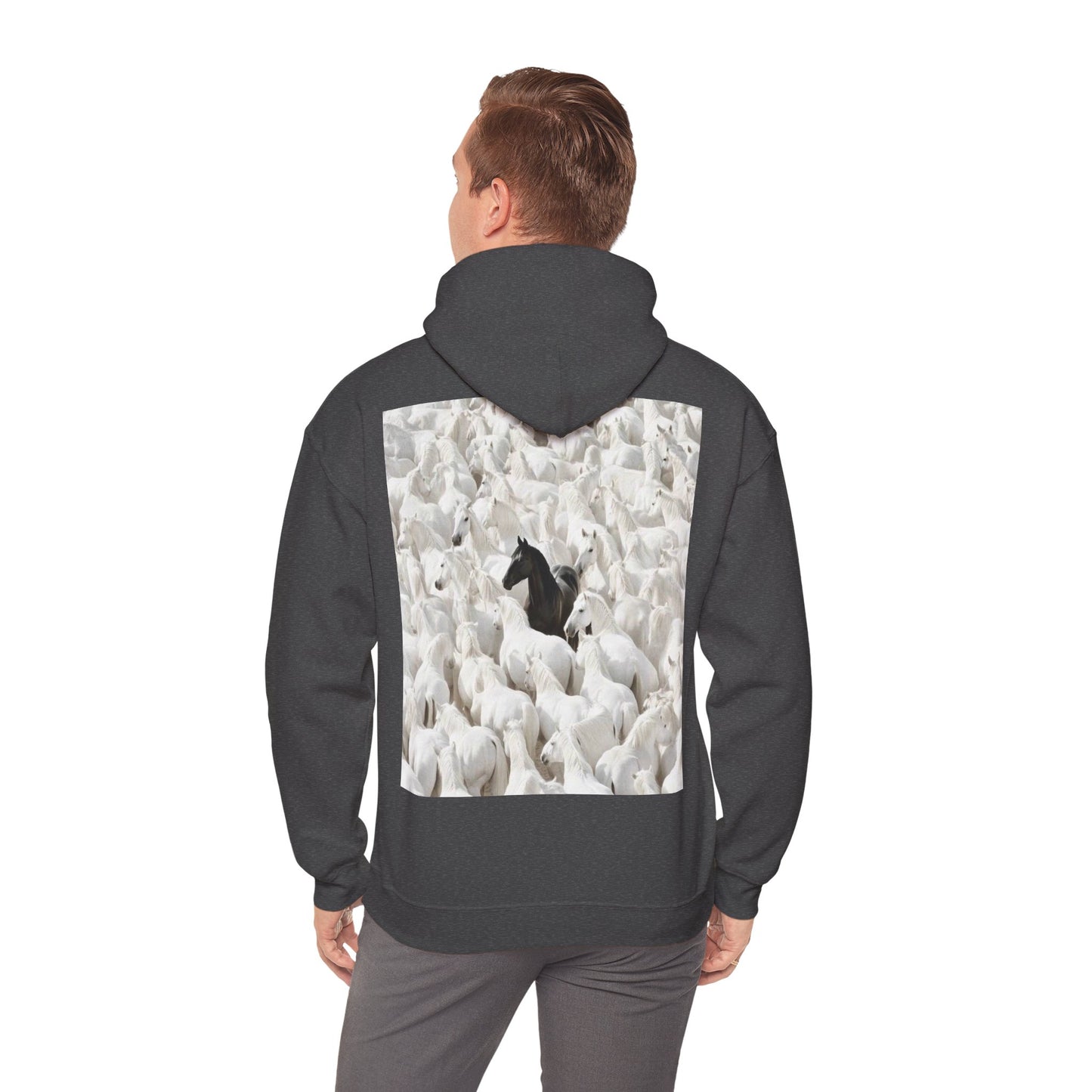 Hoodie – 'Stand Out' Black Horse Among White Sheep Graphic Hoodie