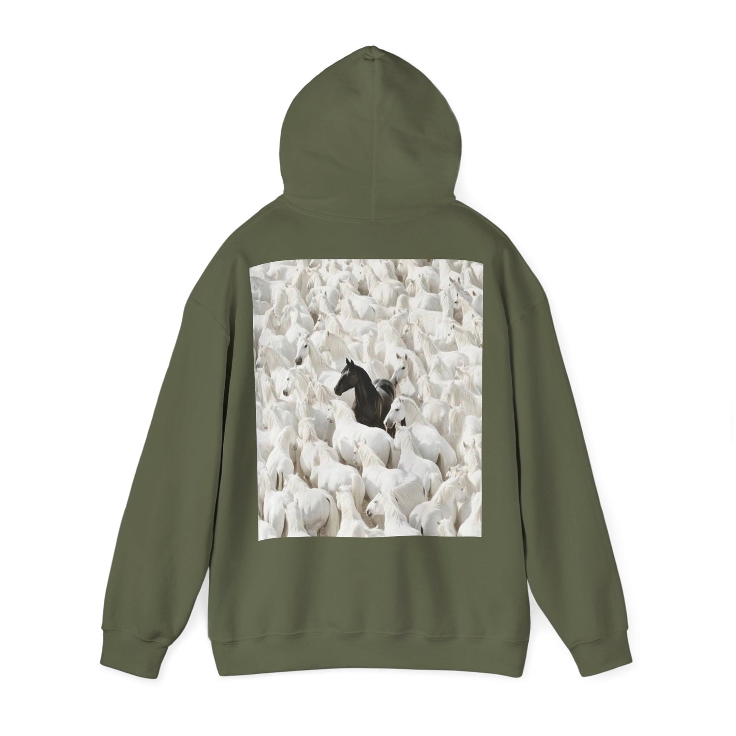 Hoodie – 'Stand Out' Black Horse Among White Sheep Graphic Hoodie