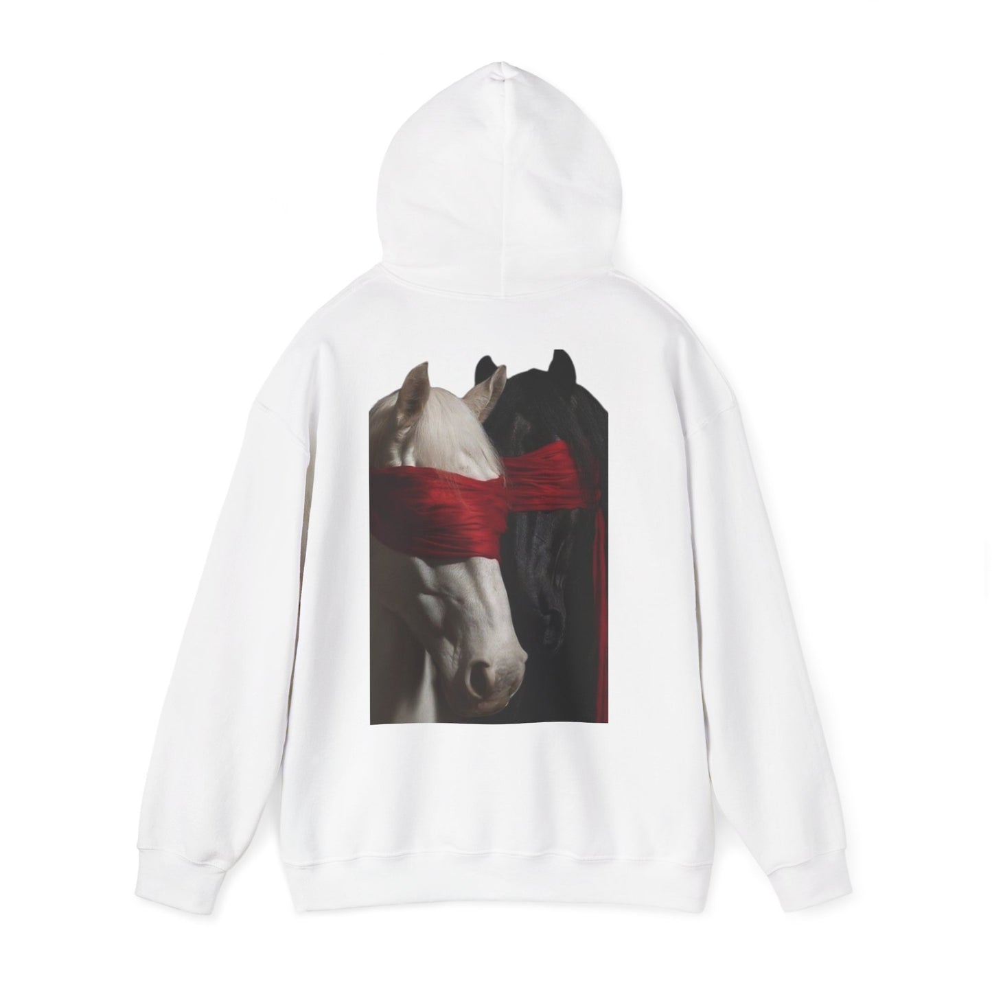 Horse Portrait Hoodie — White Horse with Red Blindfold Graphic | Winter Drop