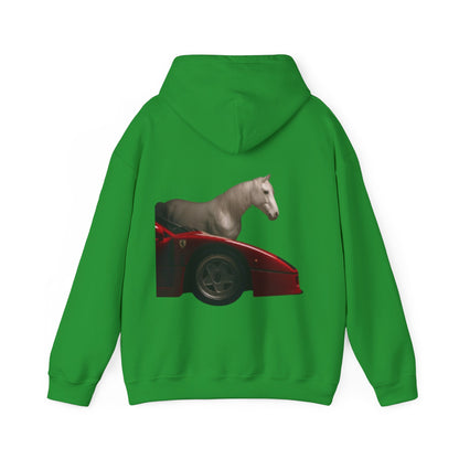 Horse & Sports Car Hoodie — Minimal Horse Head Front | Horse on Red Car Back | Winter Drop