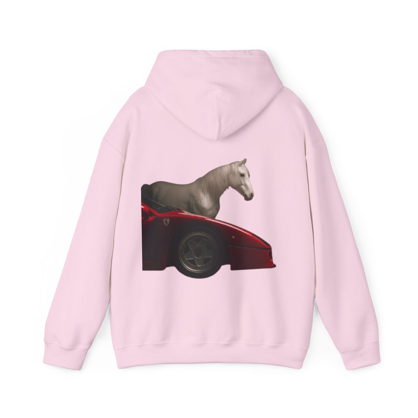 Horse & Sports Car Hoodie — Minimal Horse Head Front | Horse on Red Car Back | Winter Drop
