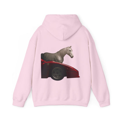Horse & Sports Car Hoodie — Minimal Horse Head Front | Horse on Red Car Back | Winter Drop