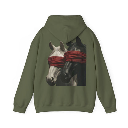 Horse Art Hoodie — Blindfolded Horses Graphic Pullover | Winter Drop