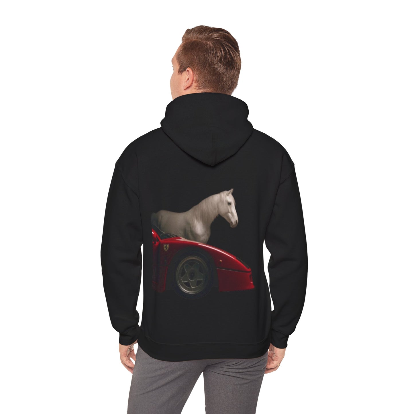 Horse & Sports Car Hoodie — Minimal Horse Head Front | Horse on Red Car Back | Winter Drop