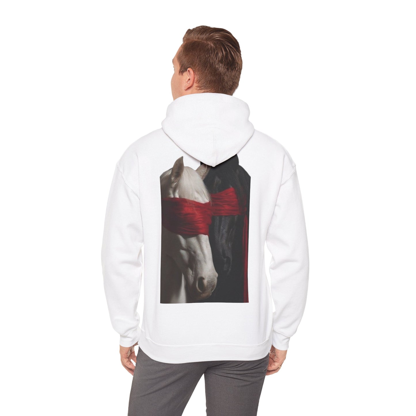 Horse Portrait Hoodie — White Horse with Red Blindfold Graphic | Winter Drop