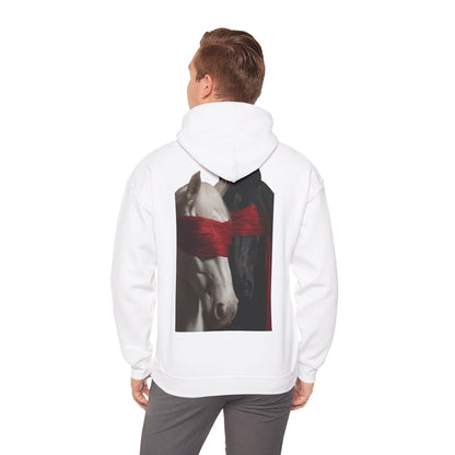 Horse Portrait Hoodie — White Horse with Red Blindfold Graphic | Winter Drop