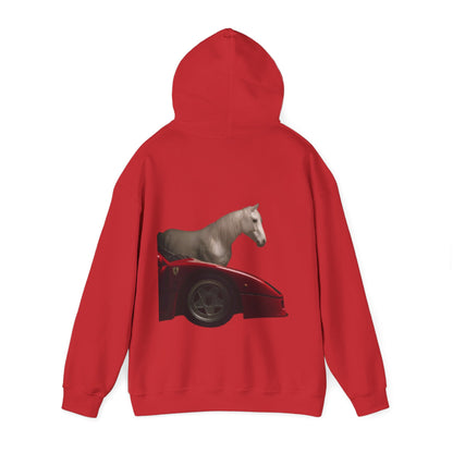 Horse & Sports Car Hoodie — Minimal Horse Head Front | Horse on Red Car Back | Winter Drop