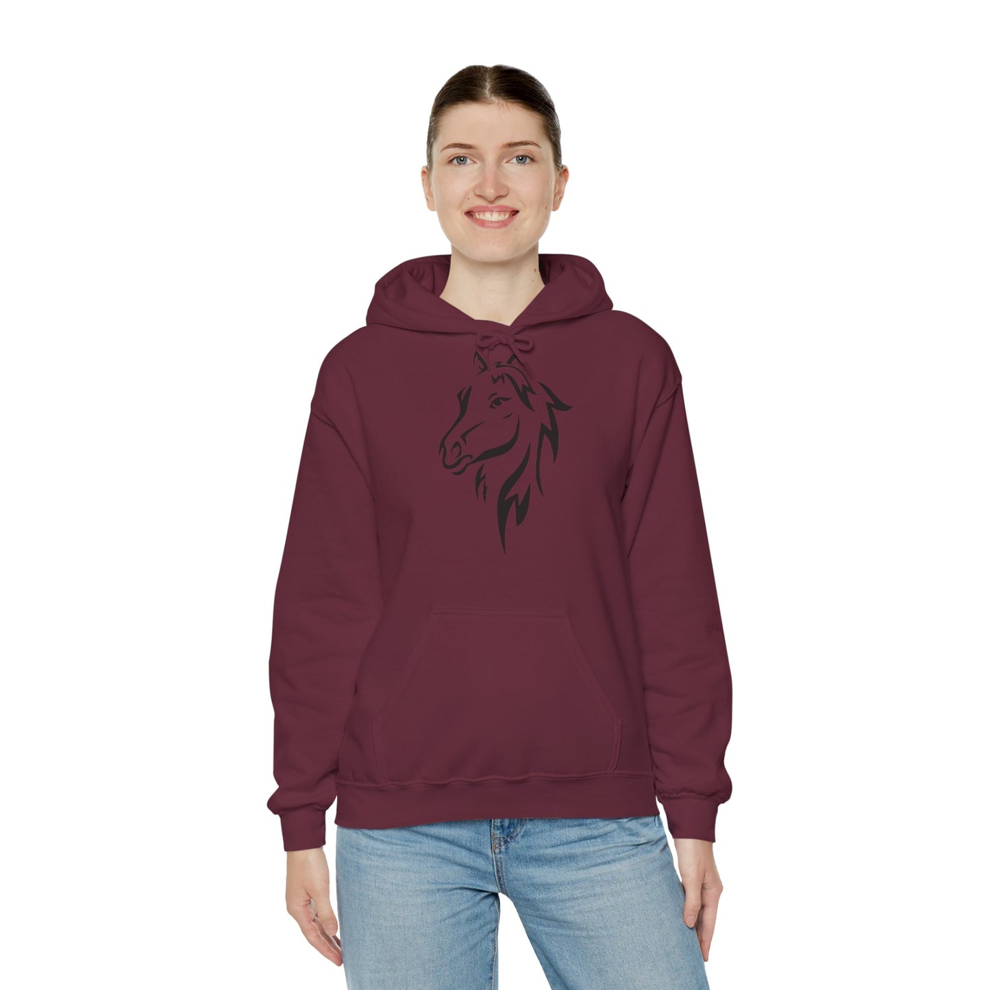 Horse & Sports Car Hoodie — Minimal Horse Head Front | Horse on Red Car Back | Winter Drop
