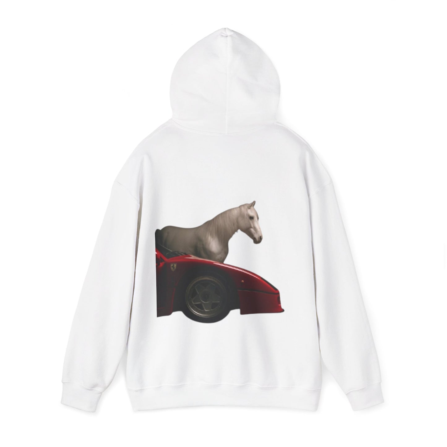 Horse & Sports Car Hoodie — Minimal Horse Head Front | Horse on Red Car Back | Winter Drop