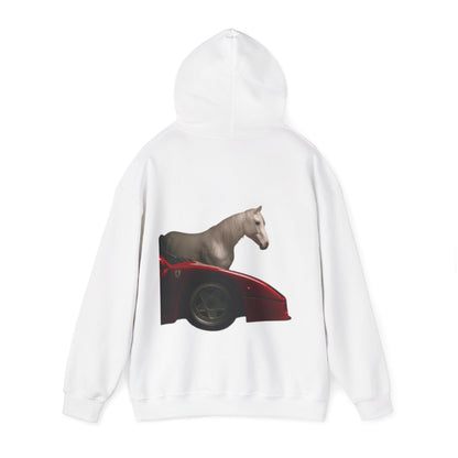 Horse & Sports Car Hoodie — Minimal Horse Head Front | Horse on Red Car Back | Winter Drop
