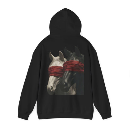 Horse Art Hoodie — Blindfolded Horses Graphic Pullover | Winter Drop