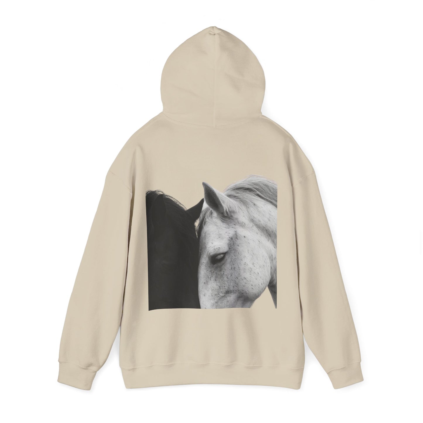 Horse Hoodie — Minimal Line Art Front & Black‑White Photo Back | Winter Drop