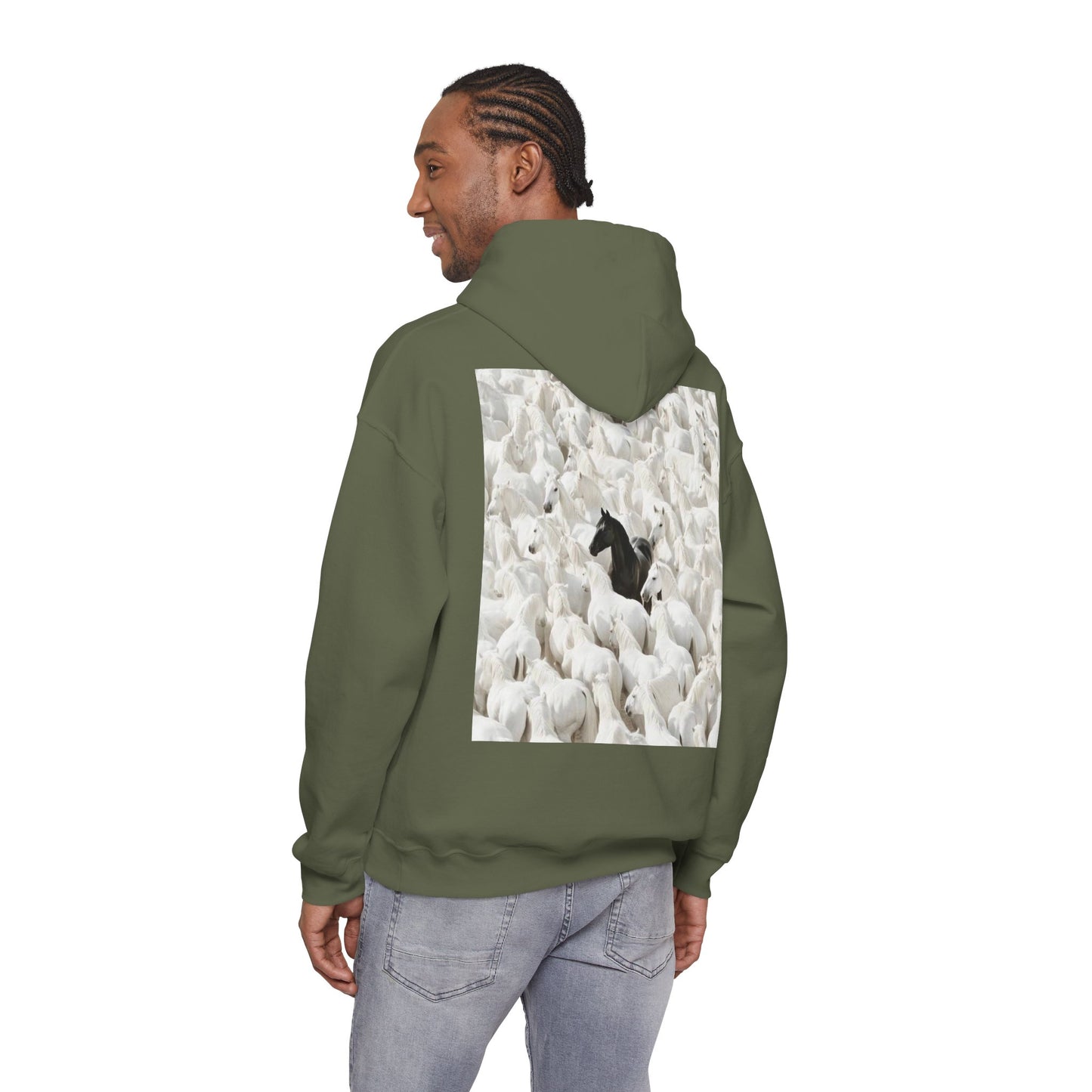 Hoodie – 'Stand Out' Black Horse Among White Sheep Graphic Hoodie