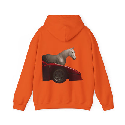 Horse & Sports Car Hoodie — Minimal Horse Head Front | Horse on Red Car Back | Winter Drop