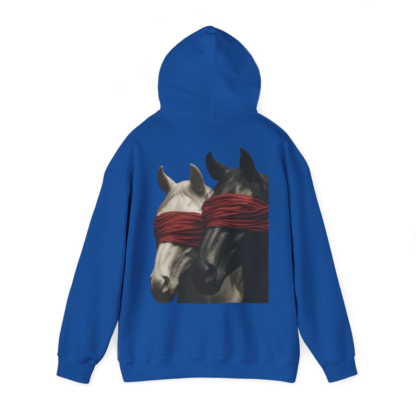 Horse Art Hoodie — Blindfolded Horses Graphic Pullover | Winter Drop