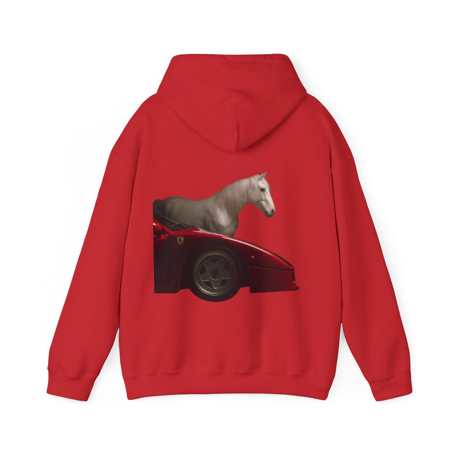 Horse & Sports Car Hoodie — Minimal Horse Head Front | Horse on Red Car Back | Winter Drop