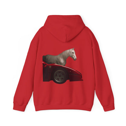 Horse & Sports Car Hoodie — Minimal Horse Head Front | Horse on Red Car Back | Winter Drop