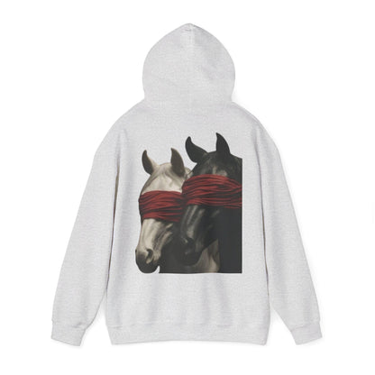 Horse Art Hoodie — Blindfolded Horses Graphic Pullover | Winter Drop