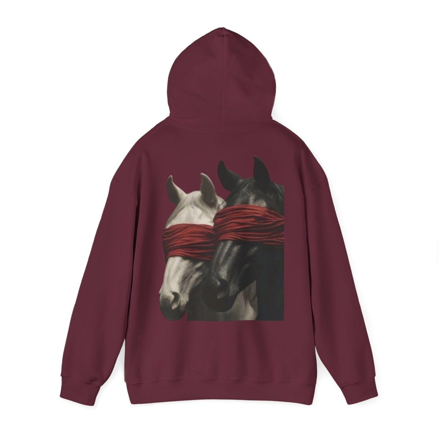 Horse Art Hoodie — Blindfolded Horses Graphic Pullover | Winter Drop