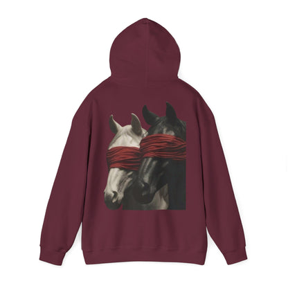 Horse Art Hoodie — Blindfolded Horses Graphic Pullover | Winter Drop