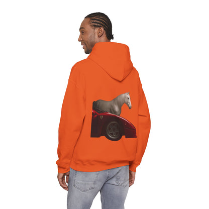 Horse & Sports Car Hoodie — Minimal Horse Head Front | Horse on Red Car Back | Winter Drop
