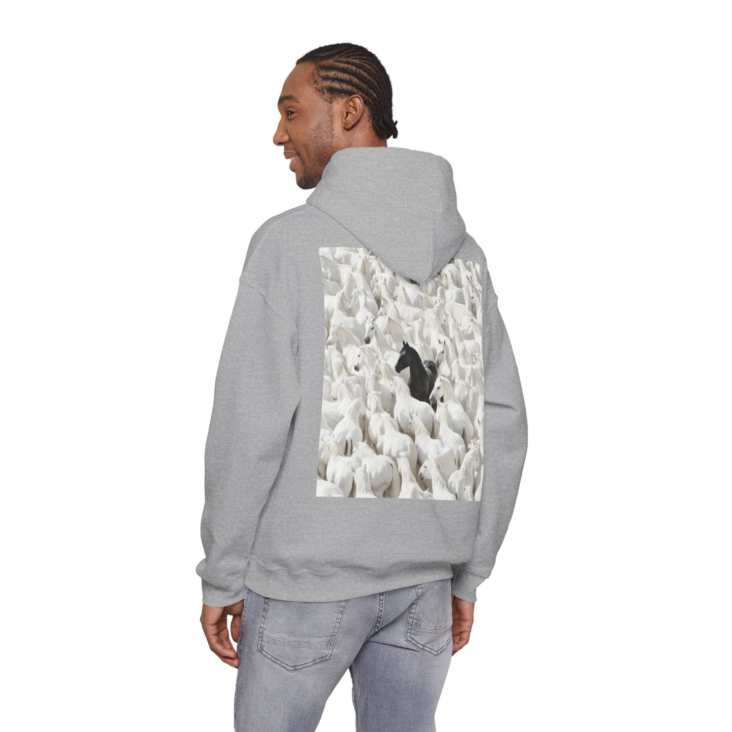 Hoodie – 'Stand Out' Black Horse Among White Sheep Graphic Hoodie
