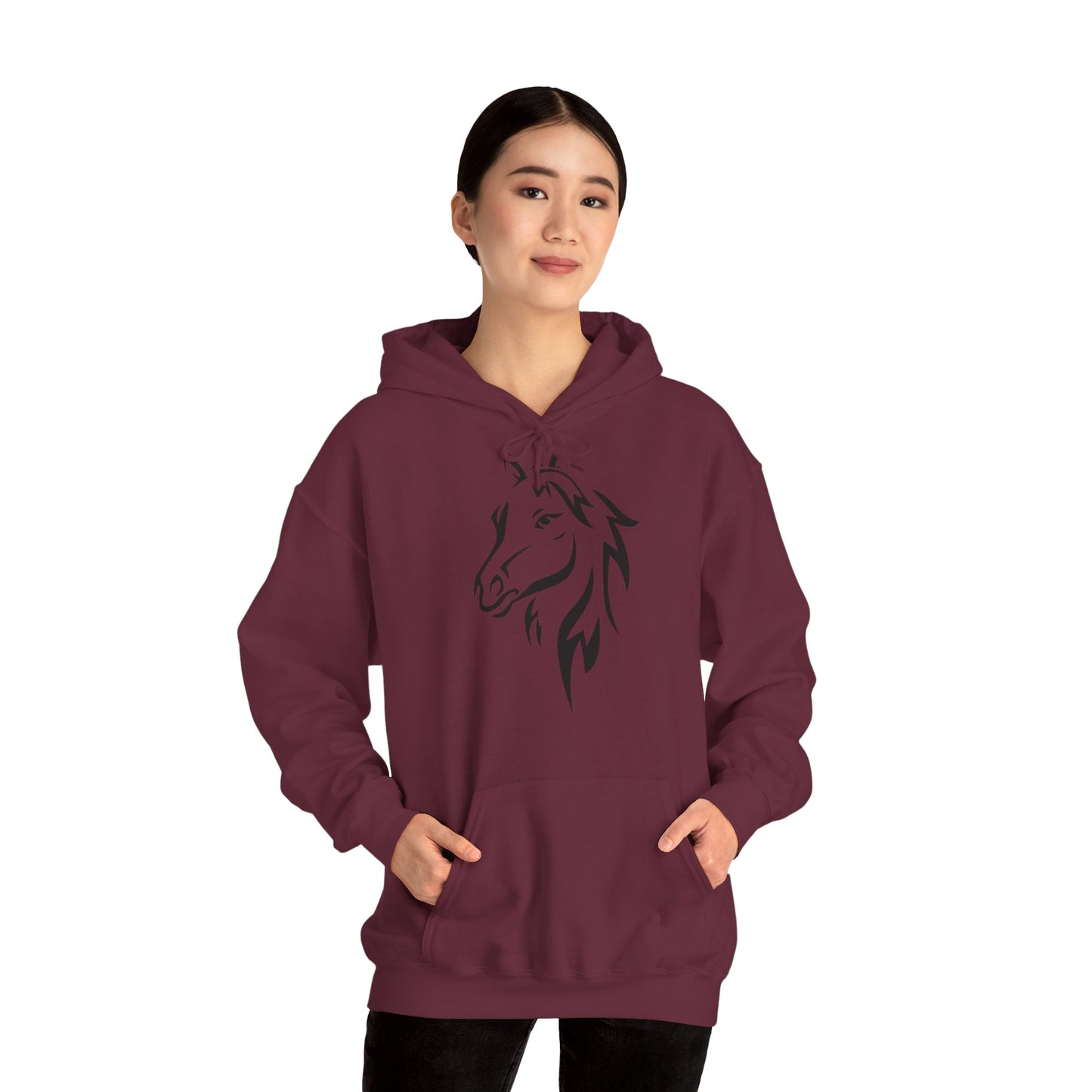 Horse & Sports Car Hoodie — Minimal Horse Head Front | Horse on Red Car Back | Winter Drop