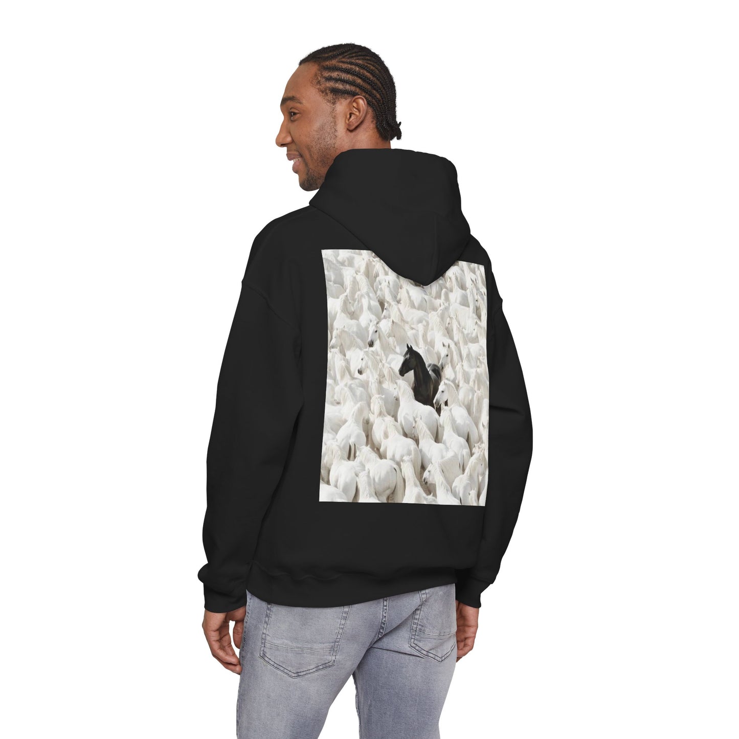 Hoodie – 'Stand Out' Black Horse Among White Sheep Graphic Hoodie