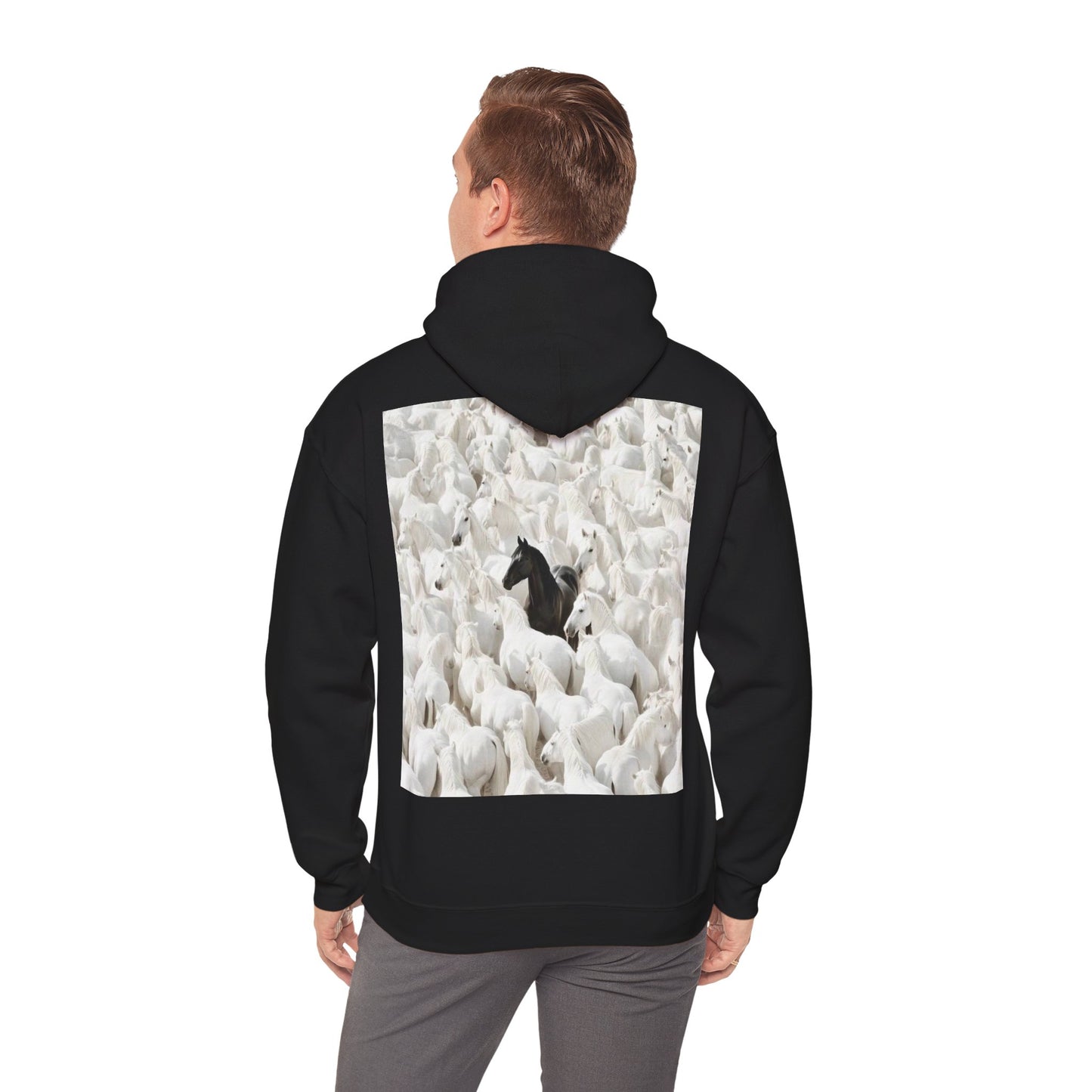 Hoodie – 'Stand Out' Black Horse Among White Sheep Graphic Hoodie