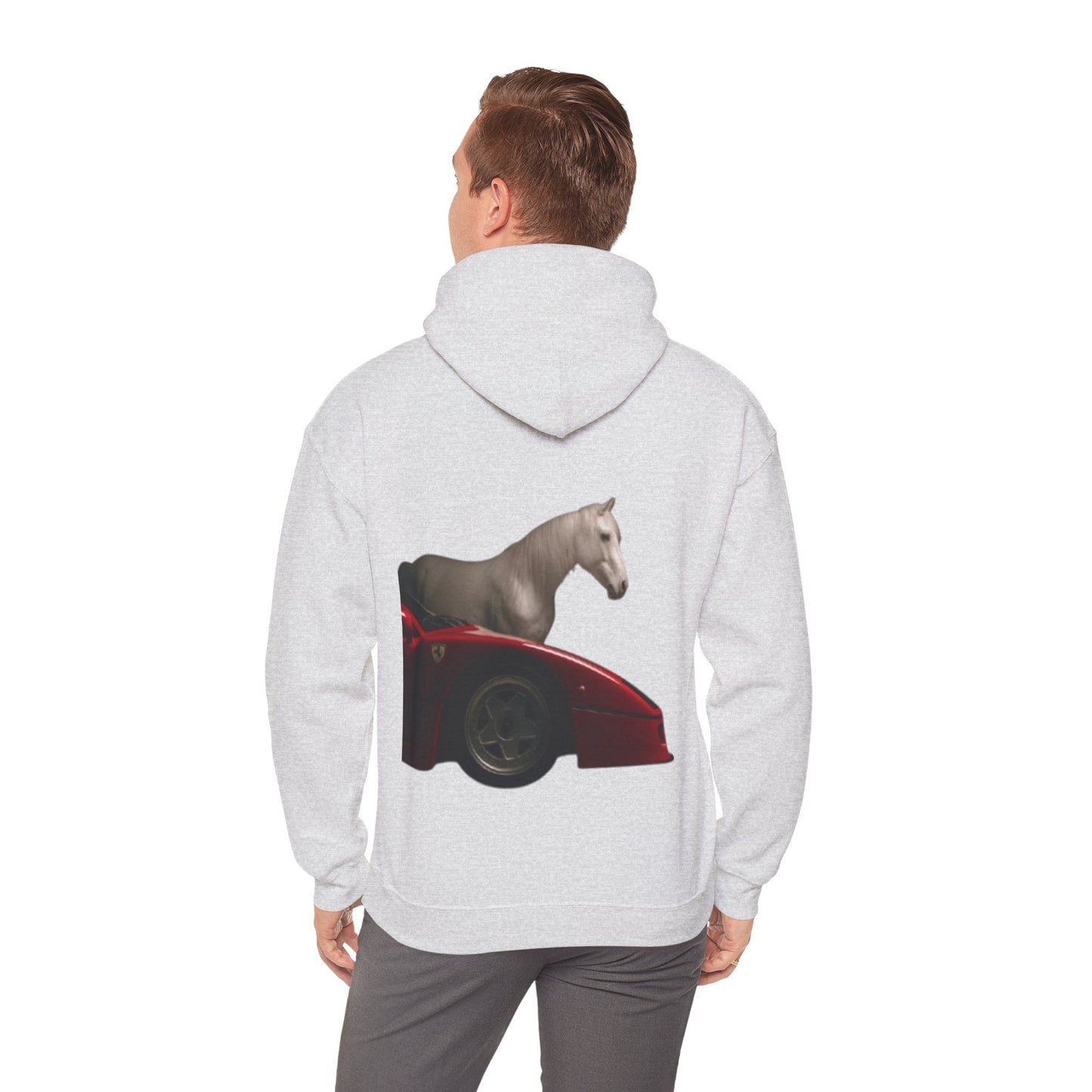 Horse & Sports Car Hoodie — Minimal Horse Head Front | Horse on Red Car Back | Winter Drop