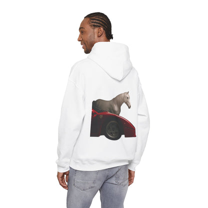 Horse & Sports Car Hoodie — Minimal Horse Head Front | Horse on Red Car Back | Winter Drop