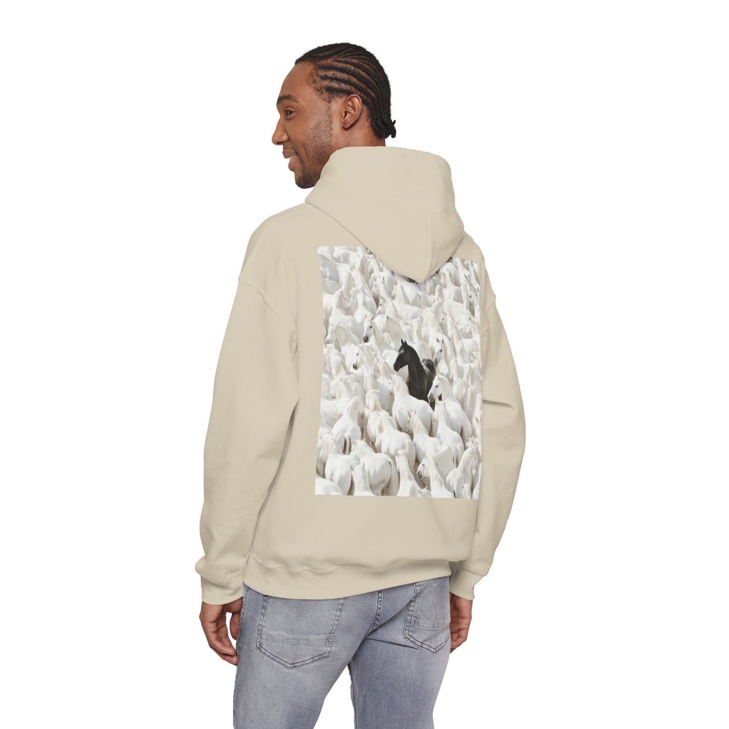 Hoodie – 'Stand Out' Black Horse Among White Sheep Graphic Hoodie