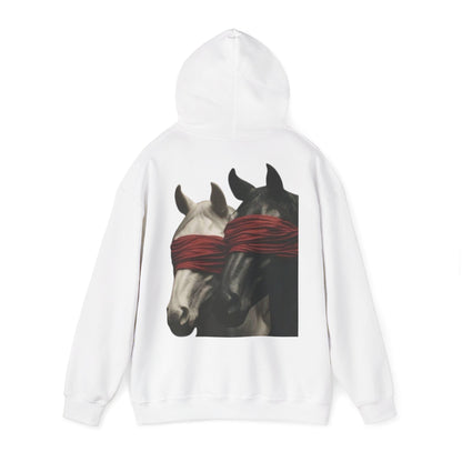 Horse Art Hoodie — Blindfolded Horses Graphic Pullover | Winter Drop