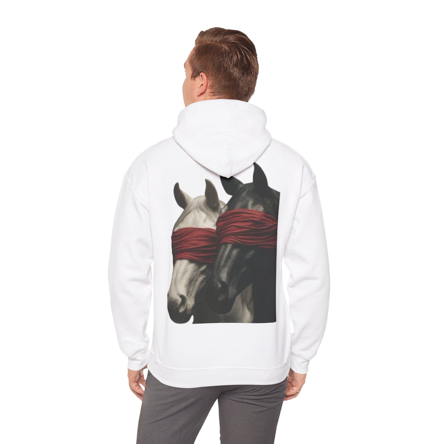 Horse Art Hoodie — Blindfolded Horses Graphic Pullover | Winter Drop