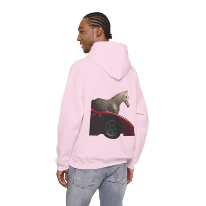 Horse & Sports Car Hoodie — Minimal Horse Head Front | Horse on Red Car Back | Winter Drop