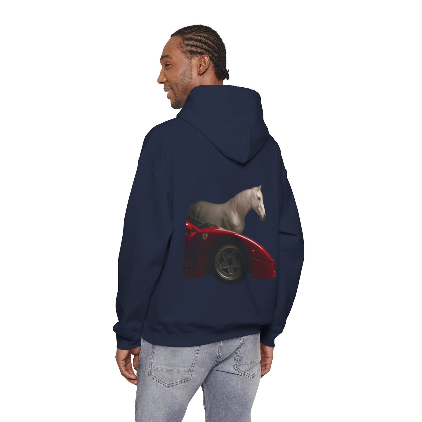 Horse & Sports Car Hoodie — Minimal Horse Head Front | Horse on Red Car Back | Winter Drop
