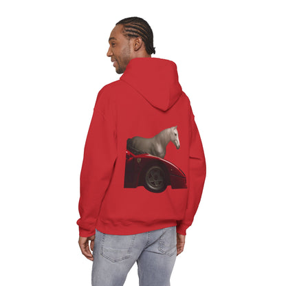 Horse & Sports Car Hoodie — Minimal Horse Head Front | Horse on Red Car Back | Winter Drop