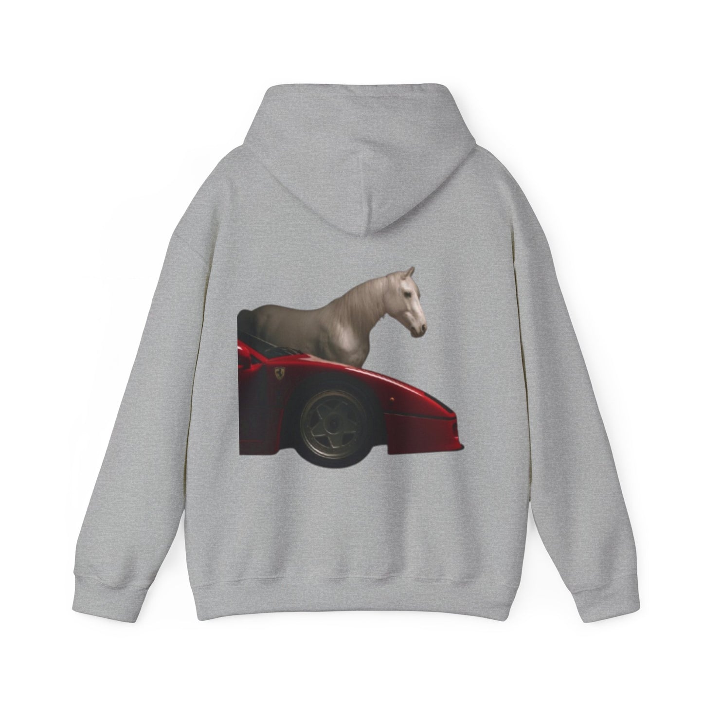 Horse & Sports Car Hoodie — Minimal Horse Head Front | Horse on Red Car Back | Winter Drop