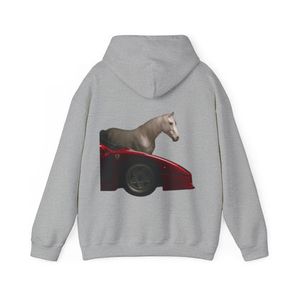 Horse & Sports Car Hoodie — Minimal Horse Head Front | Horse on Red Car Back | Winter Drop