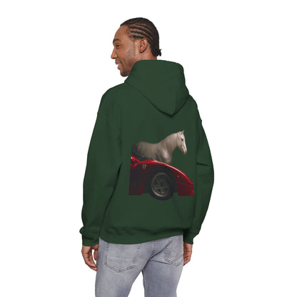 Horse & Sports Car Hoodie — Minimal Horse Head Front | Horse on Red Car Back | Winter Drop