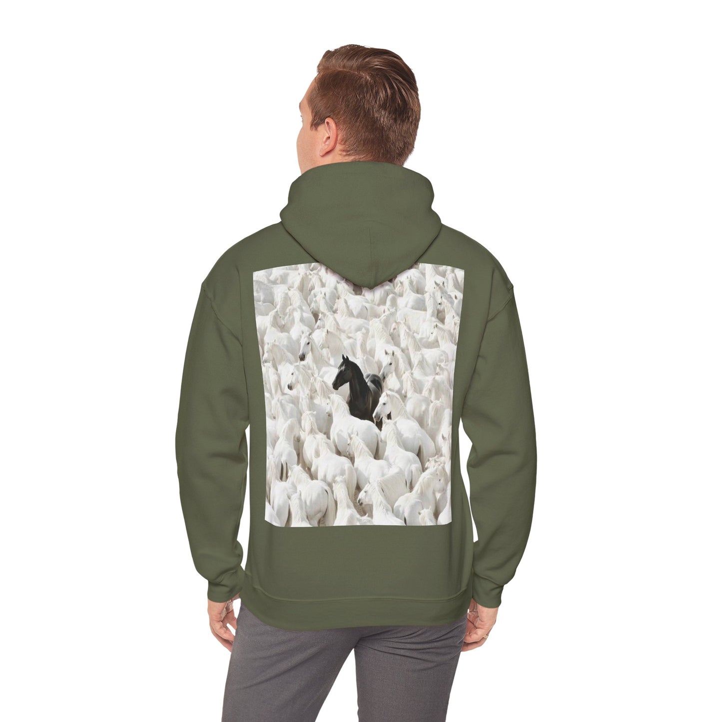 Hoodie – 'Stand Out' Black Horse Among White Sheep Graphic Hoodie