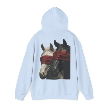 Horse Art Hoodie — Blindfolded Horses Graphic Pullover | Winter Drop
