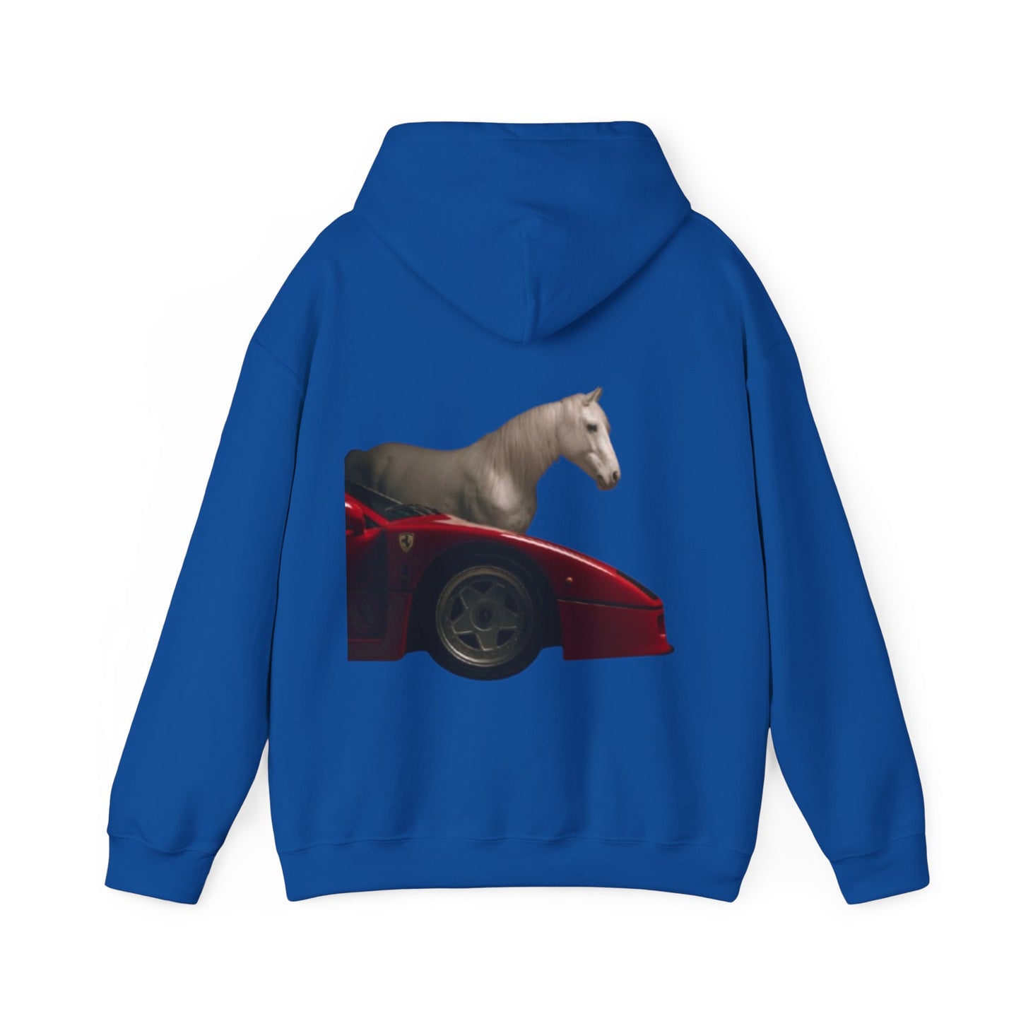 Horse & Sports Car Hoodie — Minimal Horse Head Front | Horse on Red Car Back | Winter Drop