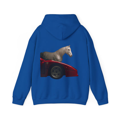 Horse & Sports Car Hoodie — Minimal Horse Head Front | Horse on Red Car Back | Winter Drop
