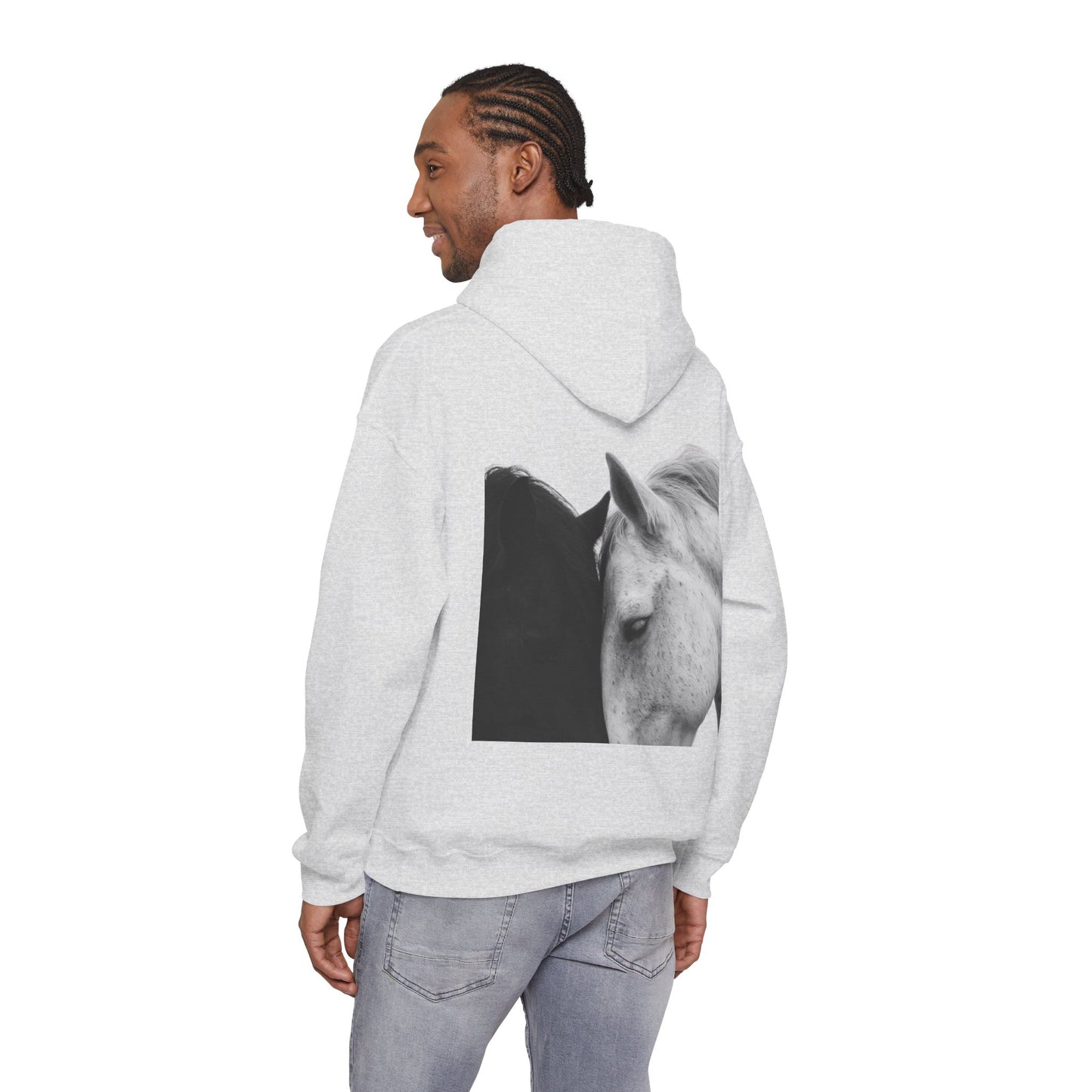 Horse Hoodie — Minimal Line Art Front & Black‑White Photo Back | Winter Drop