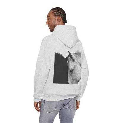 Horse Hoodie — Minimal Line Art Front & Black‑White Photo Back | Winter Drop
